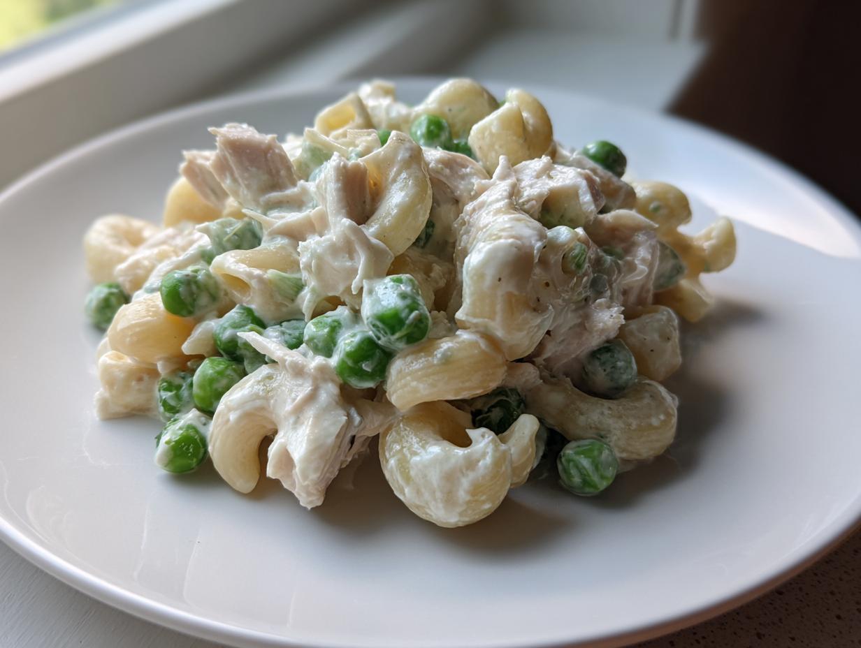 Close-up of creamy tuna pasta salad mixed with bright green peas, served on a white plate.
