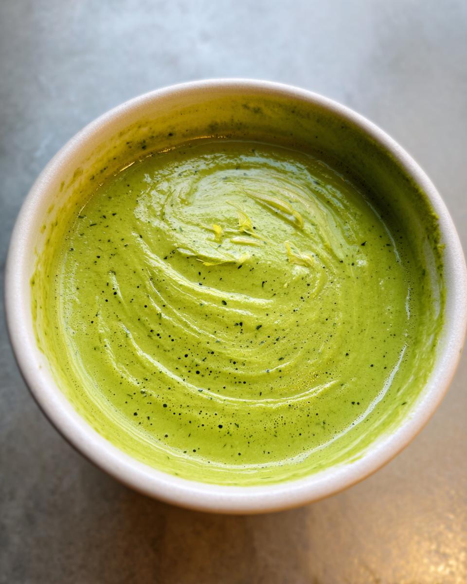 Close-up overhead view of vibrant green zucchini soup swirled in a white bowl, garnished with zest.