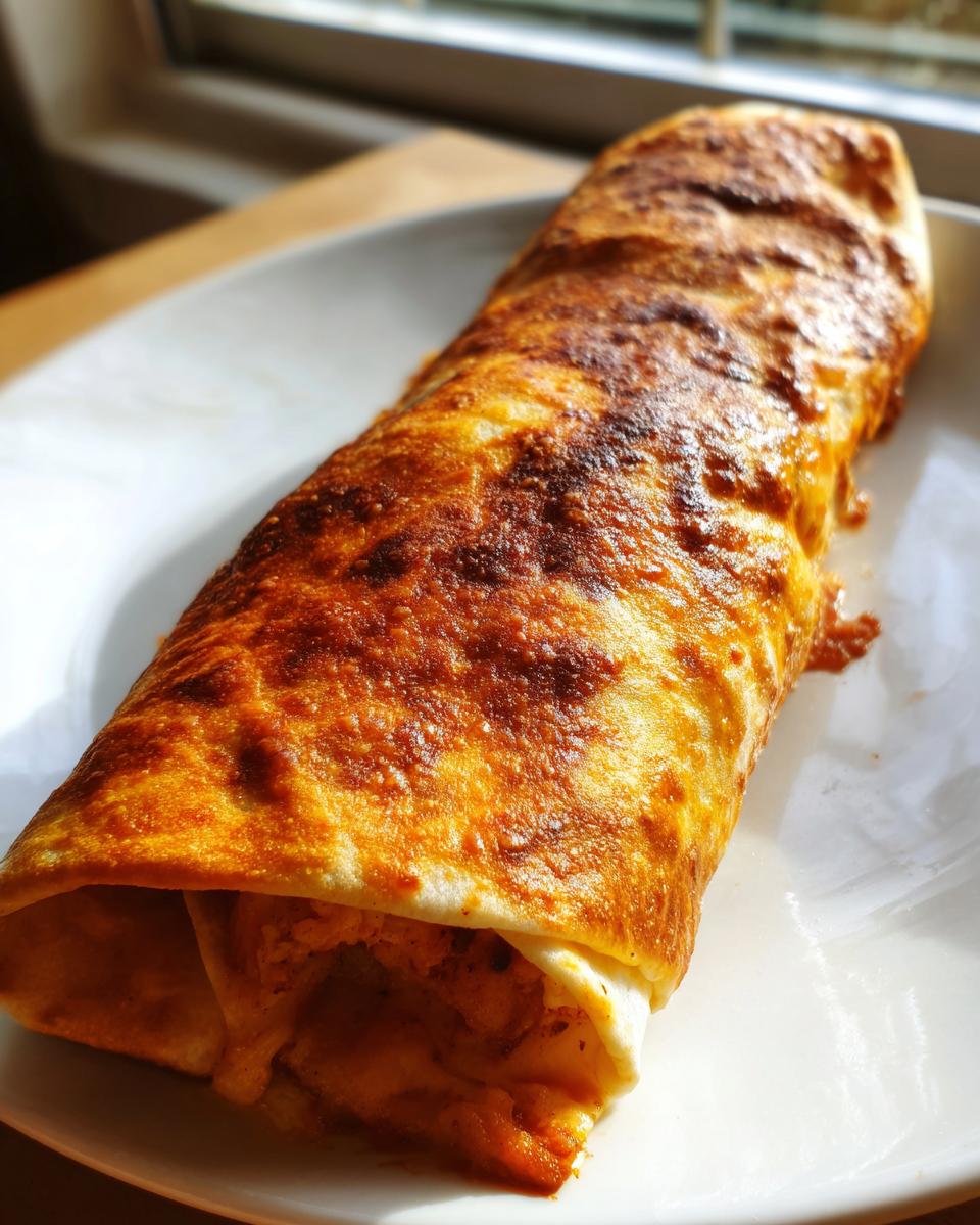 A close-up of a single, golden-brown, crispy Chimichanga resting on a white plate, showing its browned exterior.