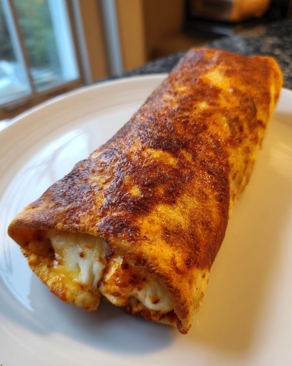 Close-up of a single, crispy, golden-brown Chimichangas served on a white plate, showing melted white cheese oozing out the end.