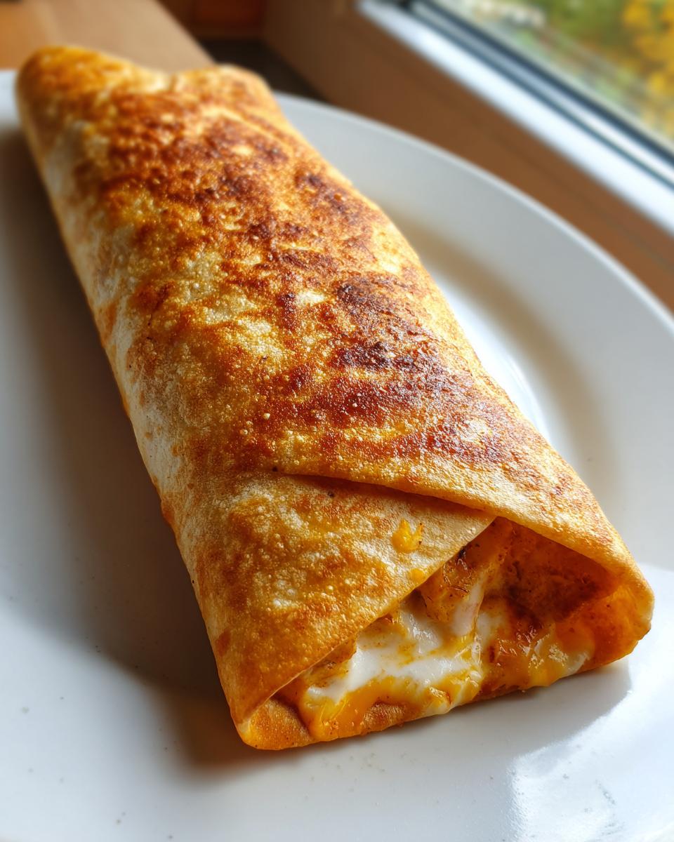 A single, golden-brown, crispy chimichangas resting on a white plate, showing melted cheese oozing from the end.