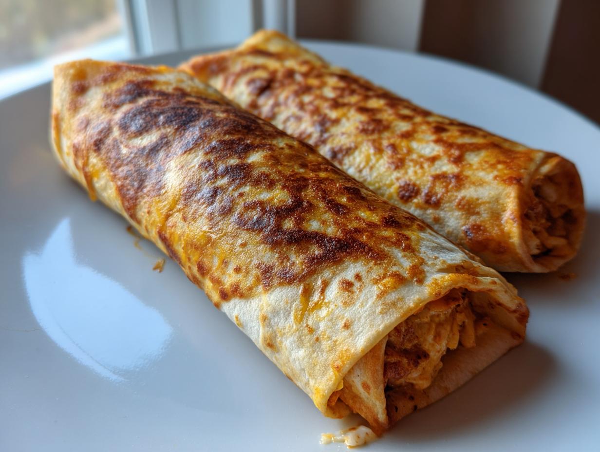 Two golden-brown, crispy Chimichangas resting on a white plate, showing melted cheese and filling.