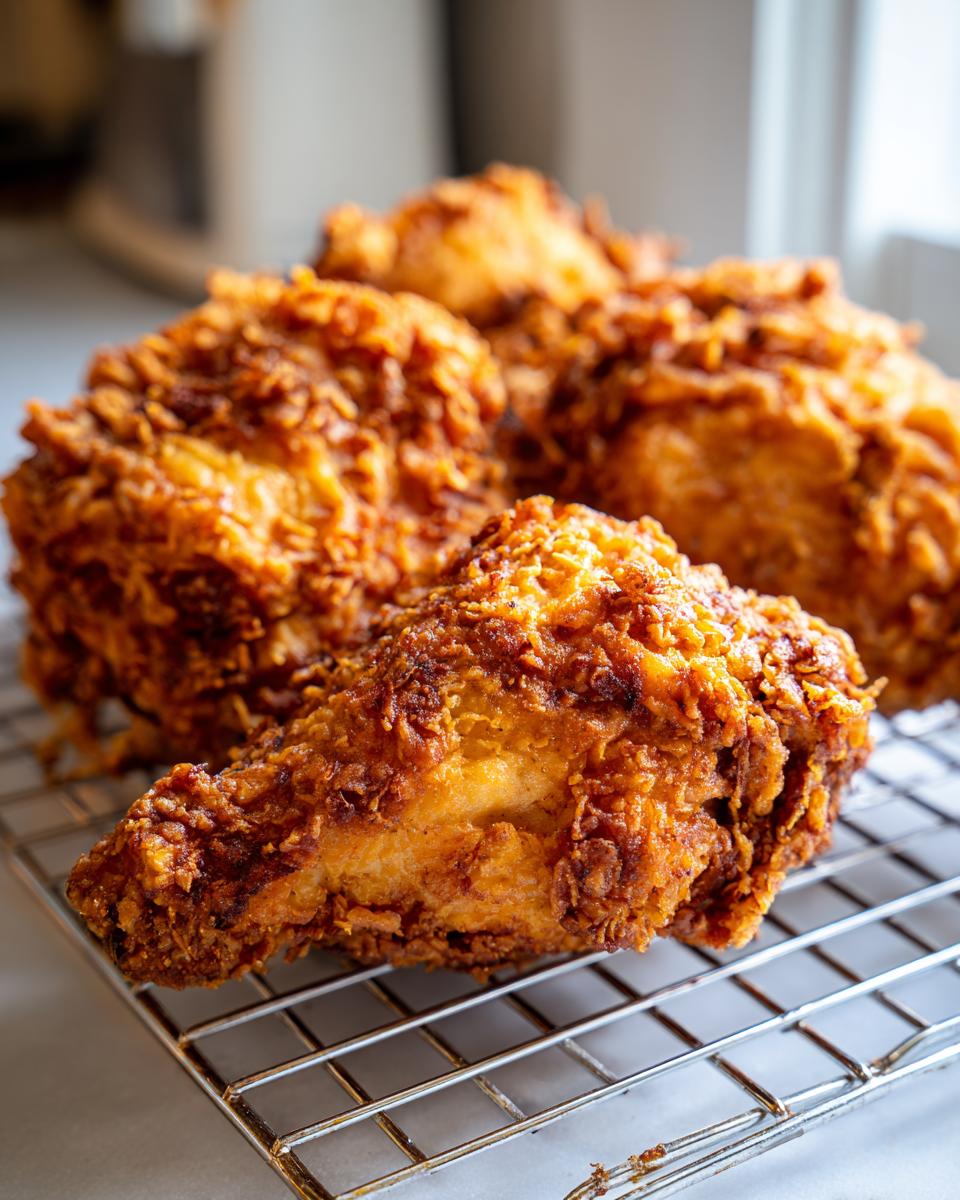 Close-up of several pieces of perfectly cooked, crispy fried chicken resting on a wire cooling rack.