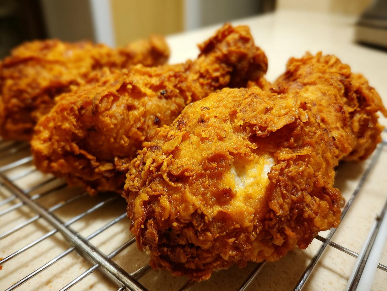 Close-up of several pieces of incredibly crispy, golden brown fried chicken resting on a wire cooling rack.