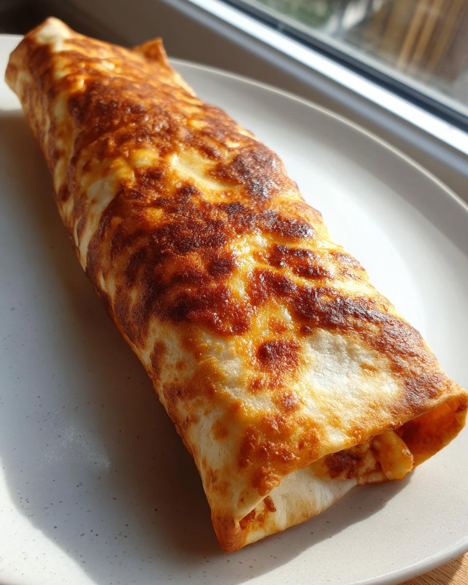 A single, golden-brown, crispy chimichangas resting on a light-colored plate near a window.