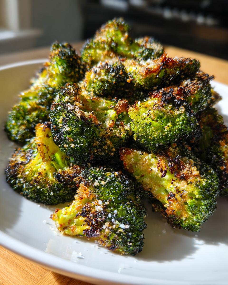 Close-up of crispy, charred roasted broccoli florets topped with grated Parmesan cheese.