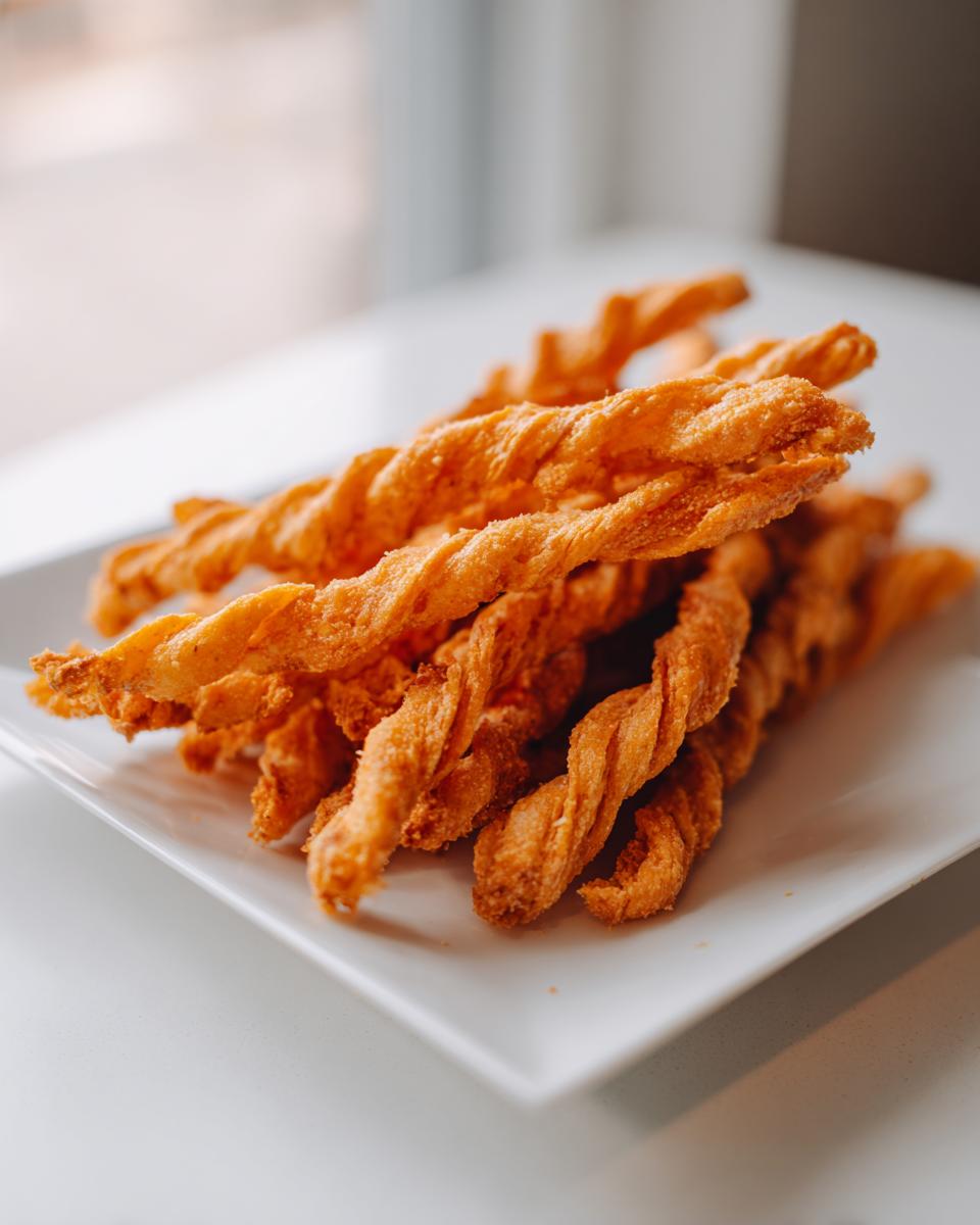 A pile of golden-brown, twisted, crispy cheese straws served on a white rectangular plate.