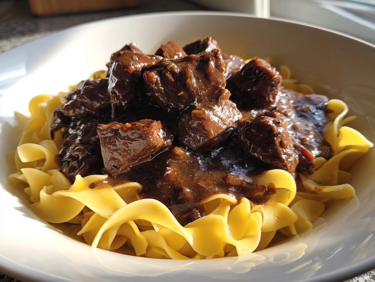 A bowl of tender crockpot beef tips smothered in dark gravy served over wide egg noodles.