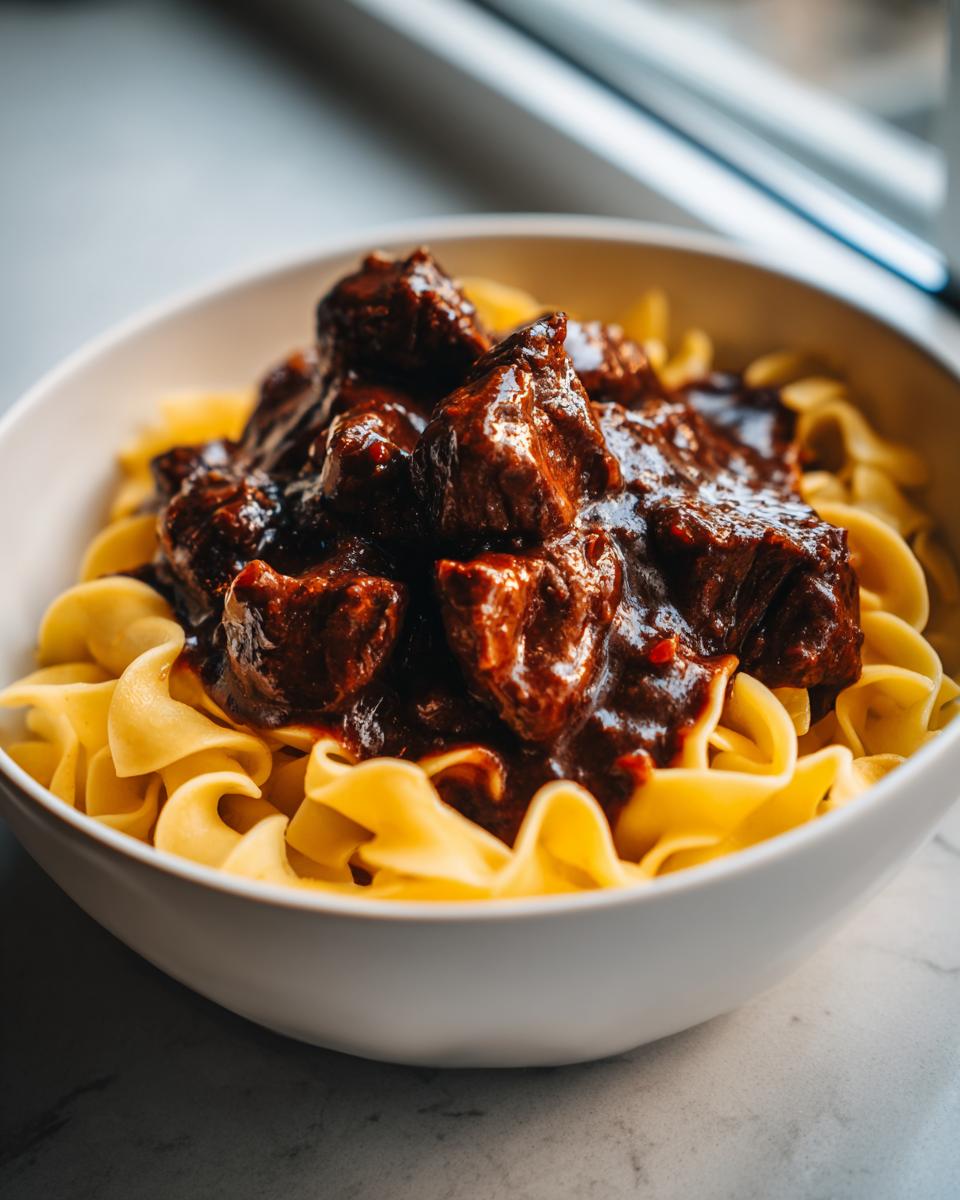 Close-up of tender crockpot beef tips smothered in rich gravy served over wide egg noodles in a white bowl.