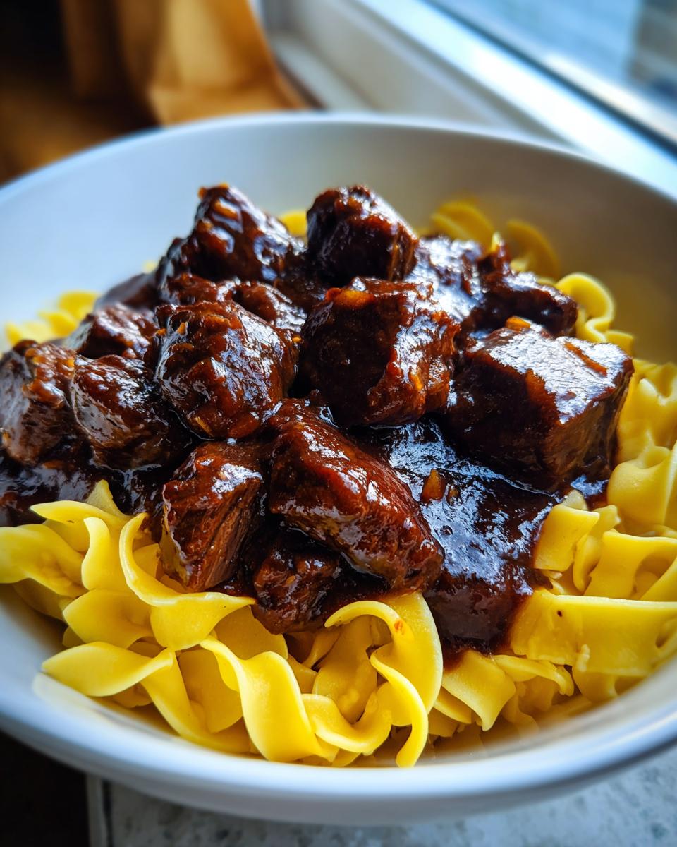 Close-up of tender crockpot beef tips smothered in rich brown gravy served over bright yellow egg noodles in a white bowl.
