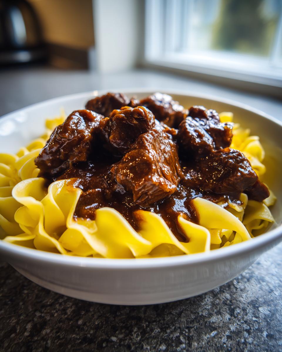 A close-up of tender crockpot beef tips smothered in rich brown gravy, served over wide egg noodles in a white bowl.