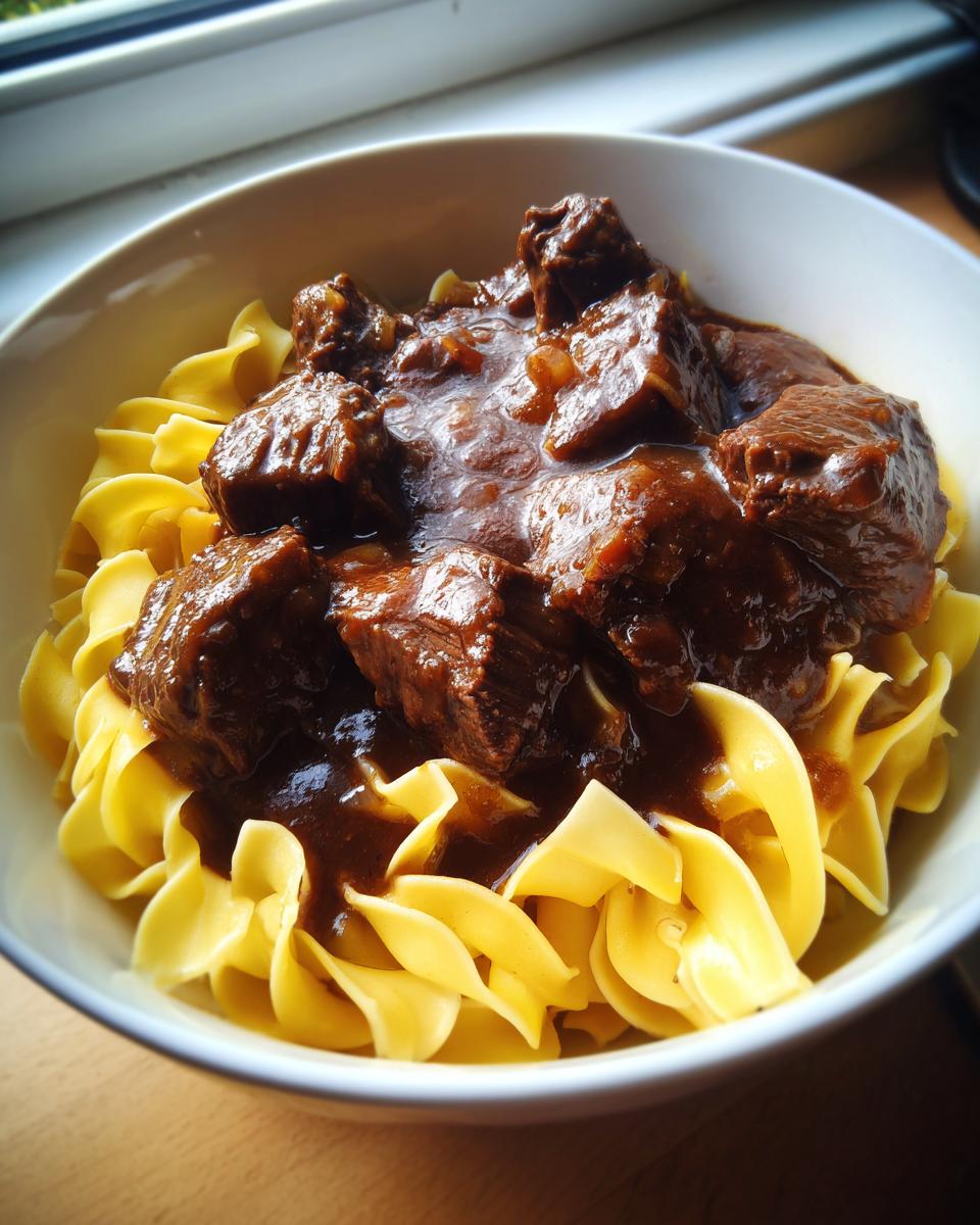 A bowl filled with egg noodles topped generously with rich, brown sauce and tender crockpot beef tips.