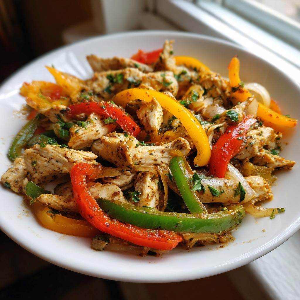A white bowl filled with seasoned shredded chicken, red, green, and yellow bell peppers, perfect for crockpot chicken fajitas.
