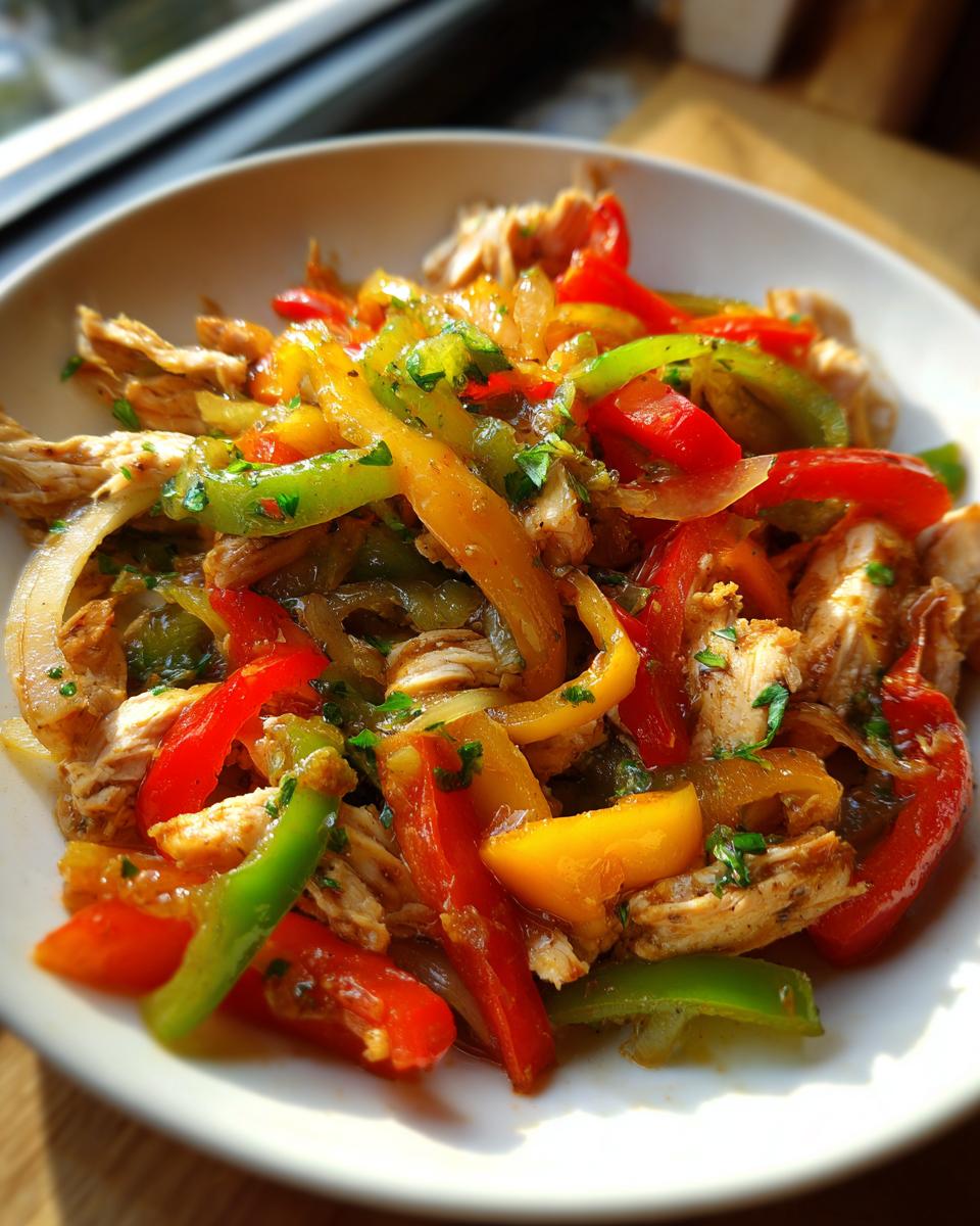 Close-up of shredded chicken mixed with vibrant red, yellow, and green bell peppers and onions for crockpot chicken fajitas.