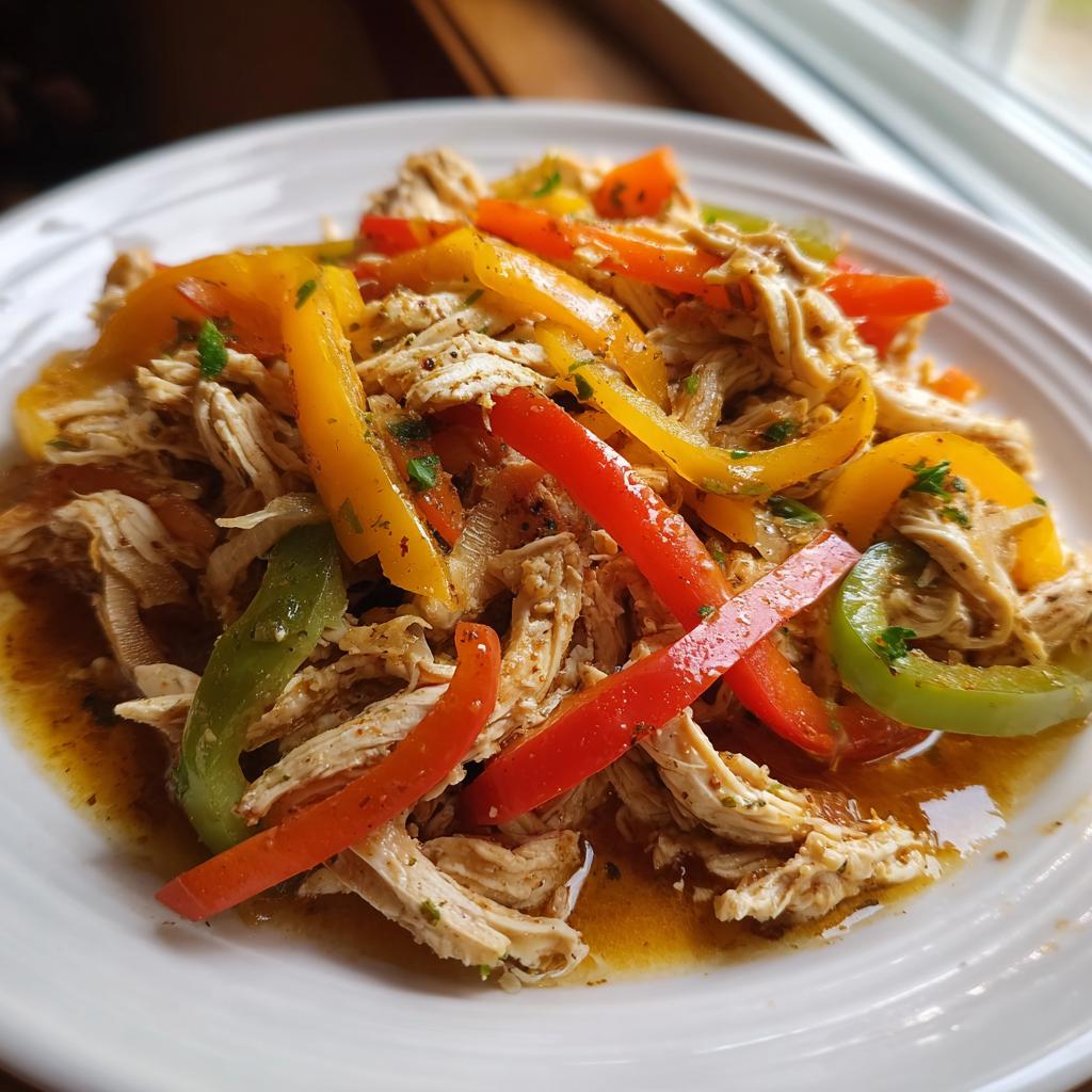 Close-up of shredded chicken mixed with colorful bell pepper strips (red, yellow, green) and sauce, ready for crockpot chicken fajitas.