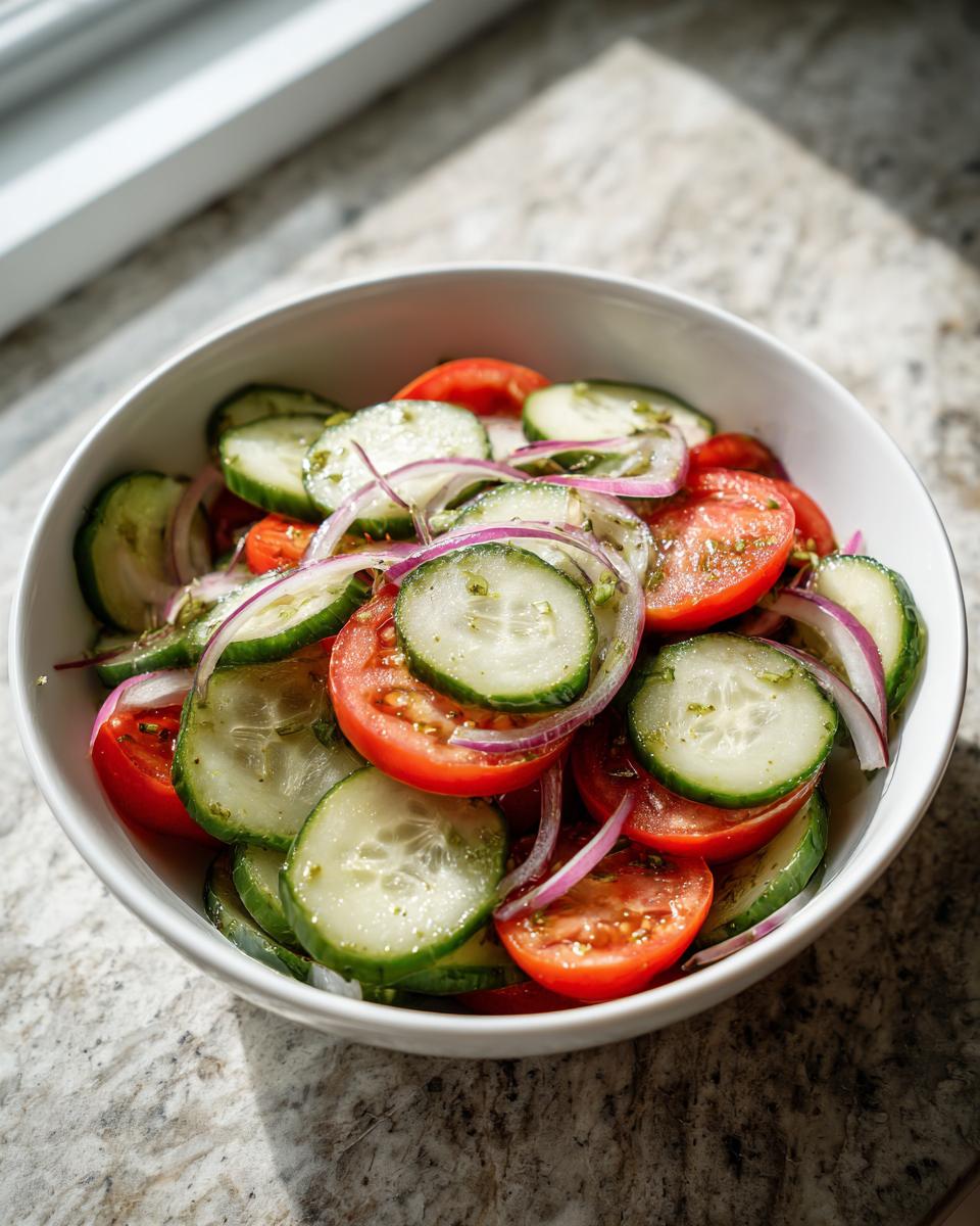 Close-up of a vibrant cucumber tomato salad with sliced red onions, dressed lightly.