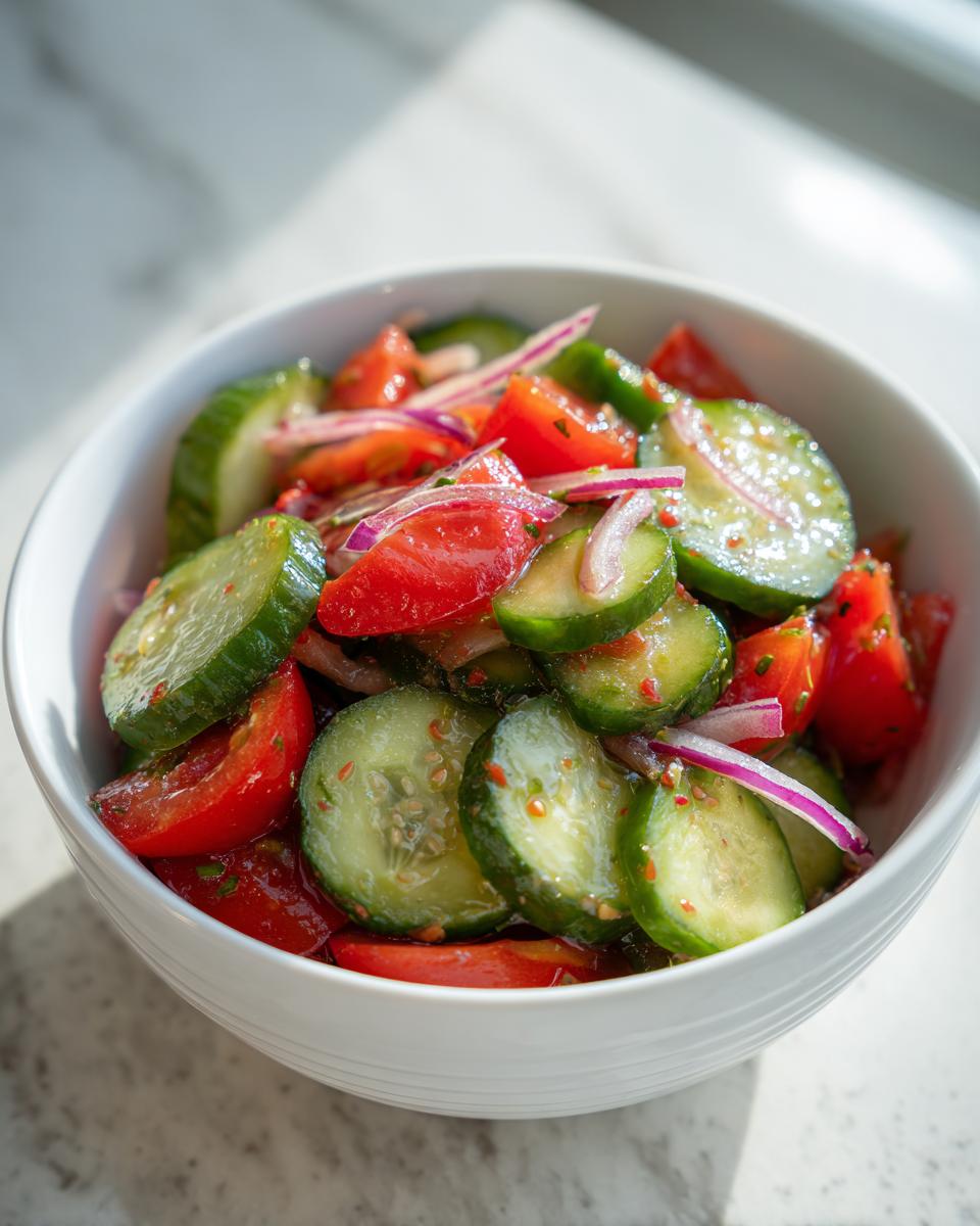 Close-up of a vibrant cucumber tomato salad with sliced red onion in a white bowl.