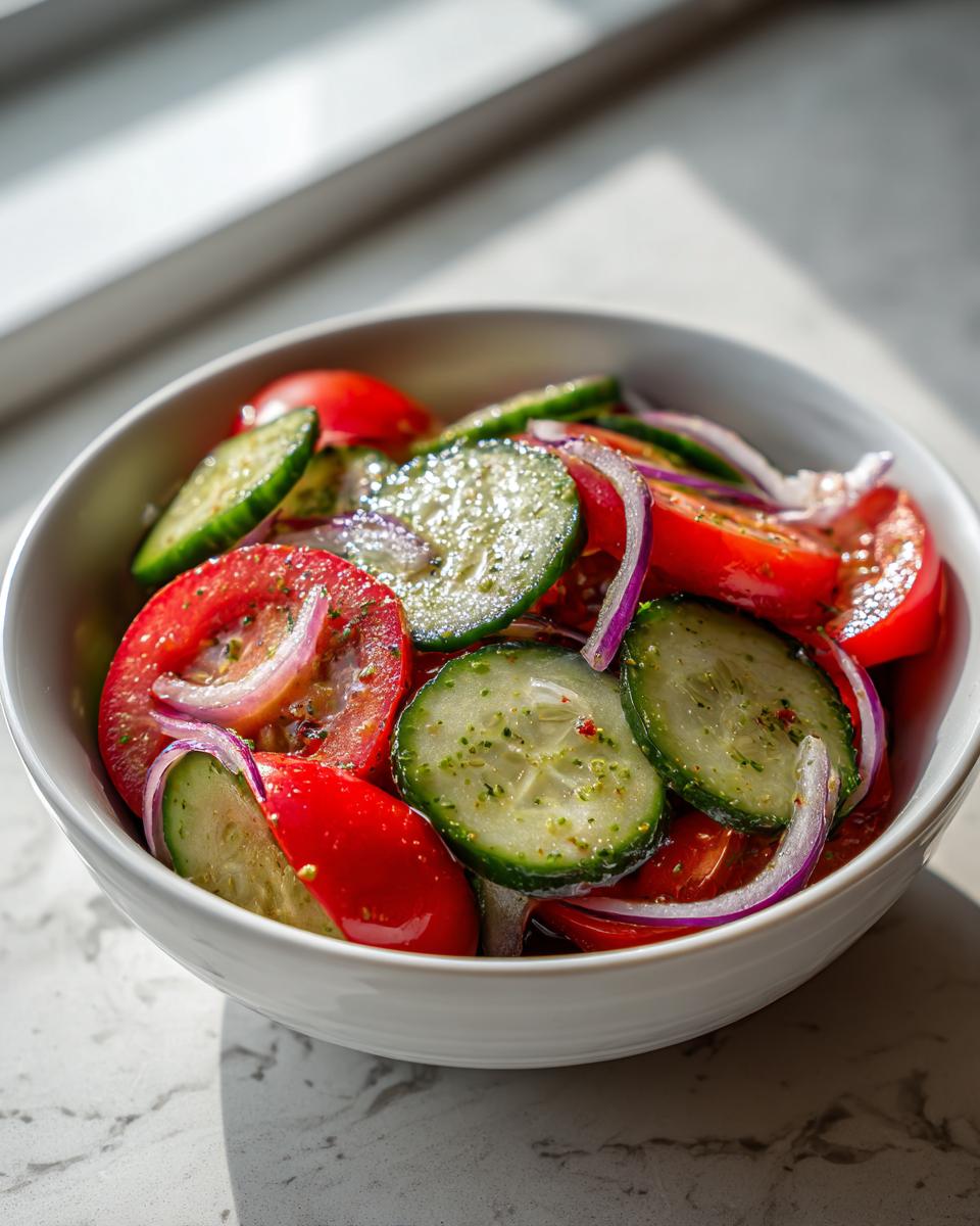 Close-up of a vibrant cucumber tomato salad featuring sliced cucumbers, tomatoes, and red onion in a white bowl.