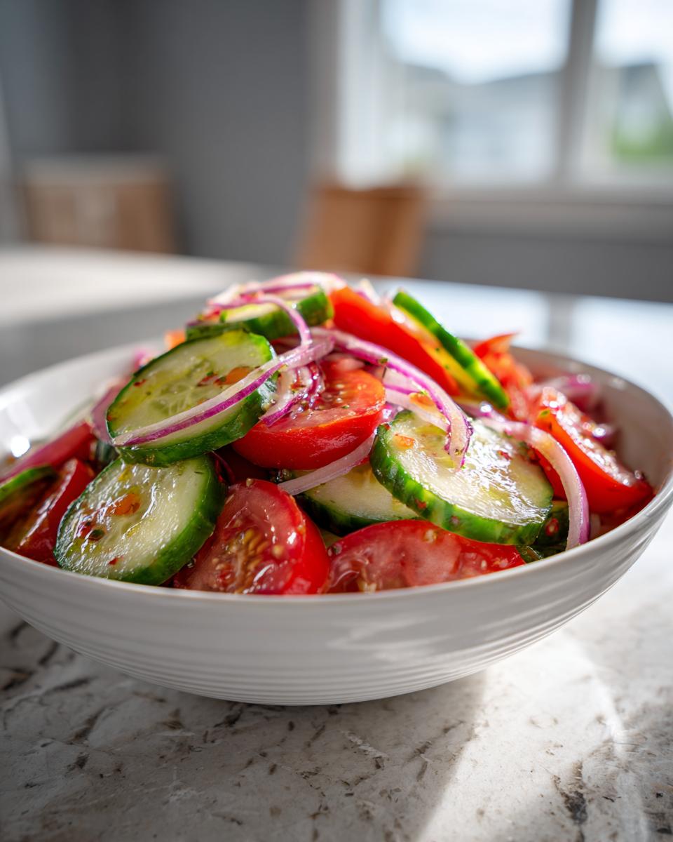Close-up of a fresh cucumber tomato salad with sliced red onion in a white bowl.
