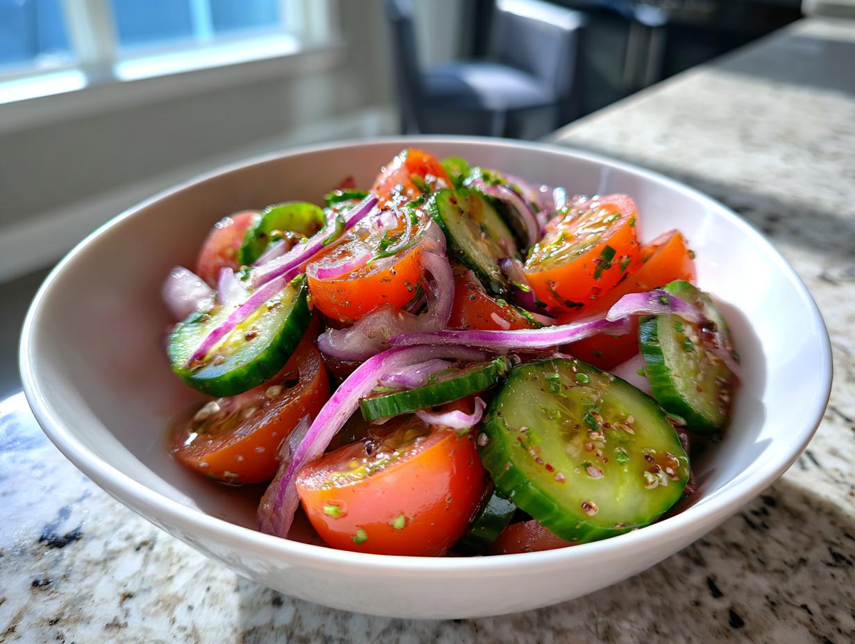 Close-up of a vibrant cucumber tomato salad with red onion slices, dressed and seasoned, served in a white bowl.
