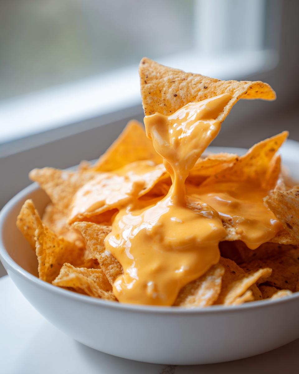 A tortilla chip being dipped into a bowl overflowing with smooth, bright orange nacho cheese dip.