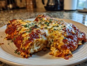Close-up of two easy chicken enchiladas covered in melted cheese and red sauce, garnished with parsley.