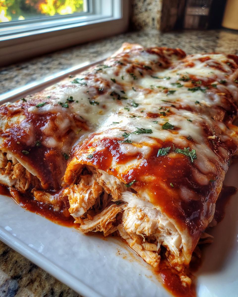 Close-up of easy chicken enchiladas stuffed with shredded chicken, covered in red sauce and melted white cheese, garnished with parsley.