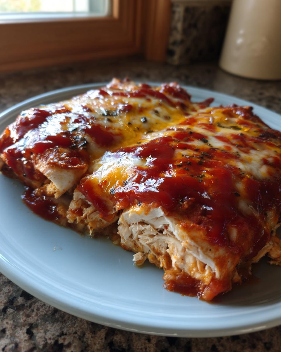 Close-up of a serving of easy chicken enchiladas smothered in red sauce and melted cheese.
