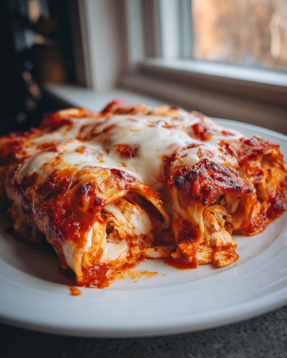 Close-up of baked easy chicken enchiladas smothered in melted cheese and red sauce on a white plate.