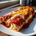 Two rolled easy chicken enchiladas smothered in red sauce and melted cheese, showing shredded chicken filling.
