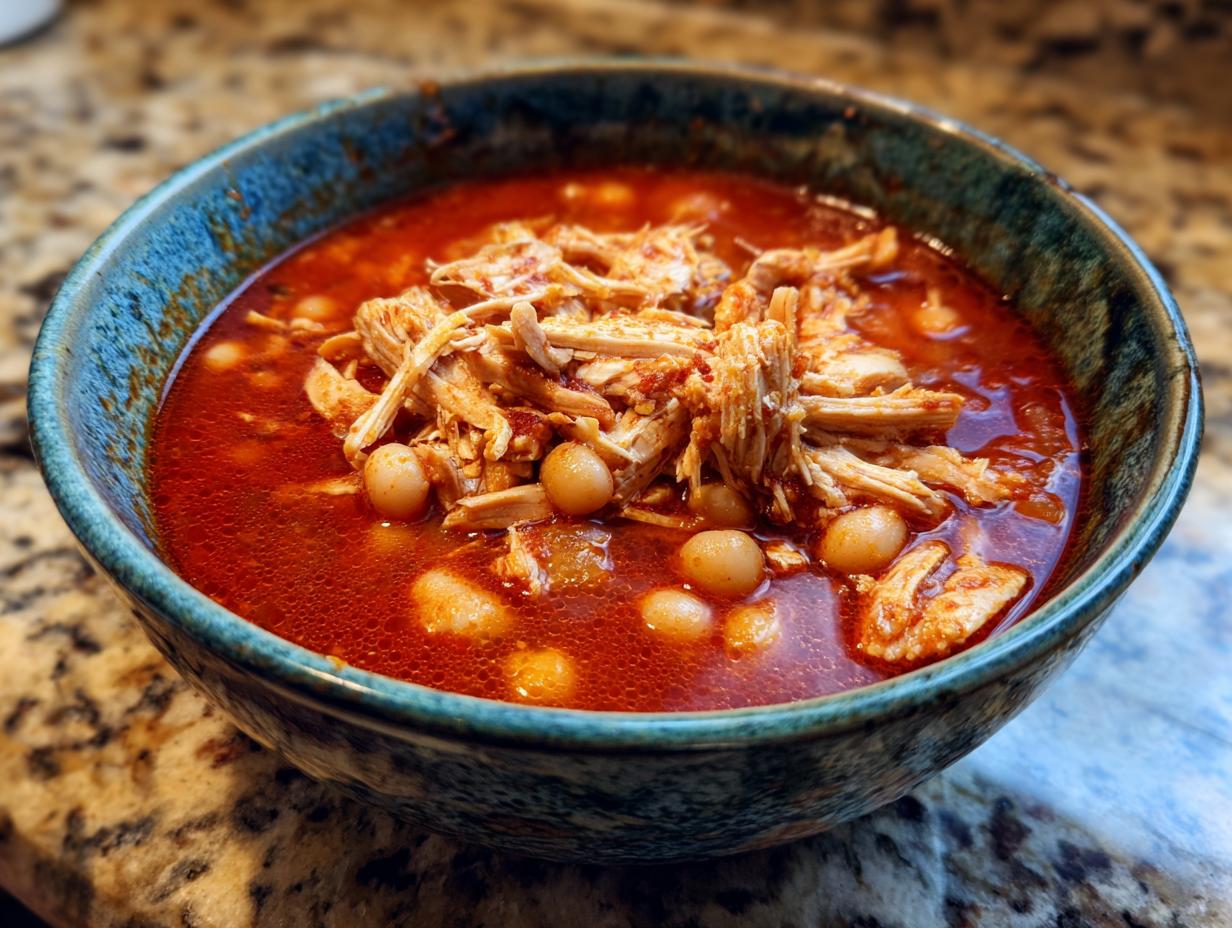 Close-up of a vibrant red bowl of chicken pozole topped with shredded chicken and hominy.