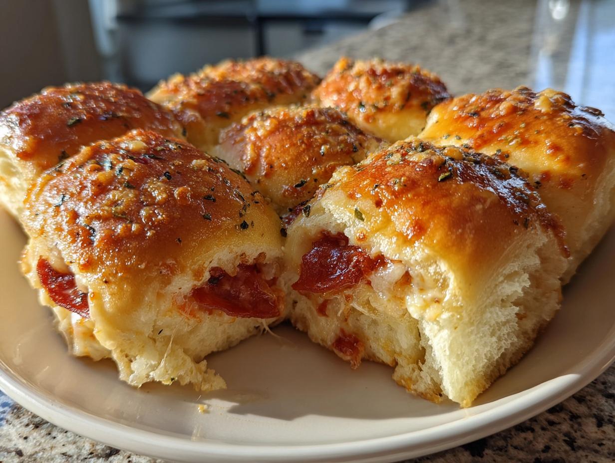 Close-up of several baked pizza sliders on a plate, showing melted cheese and pepperoni inside the soft rolls.