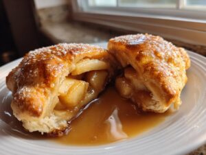 A baked apple dumpling cut in half, showing warm cinnamon apples and rich caramel sauce pooling on a white plate.