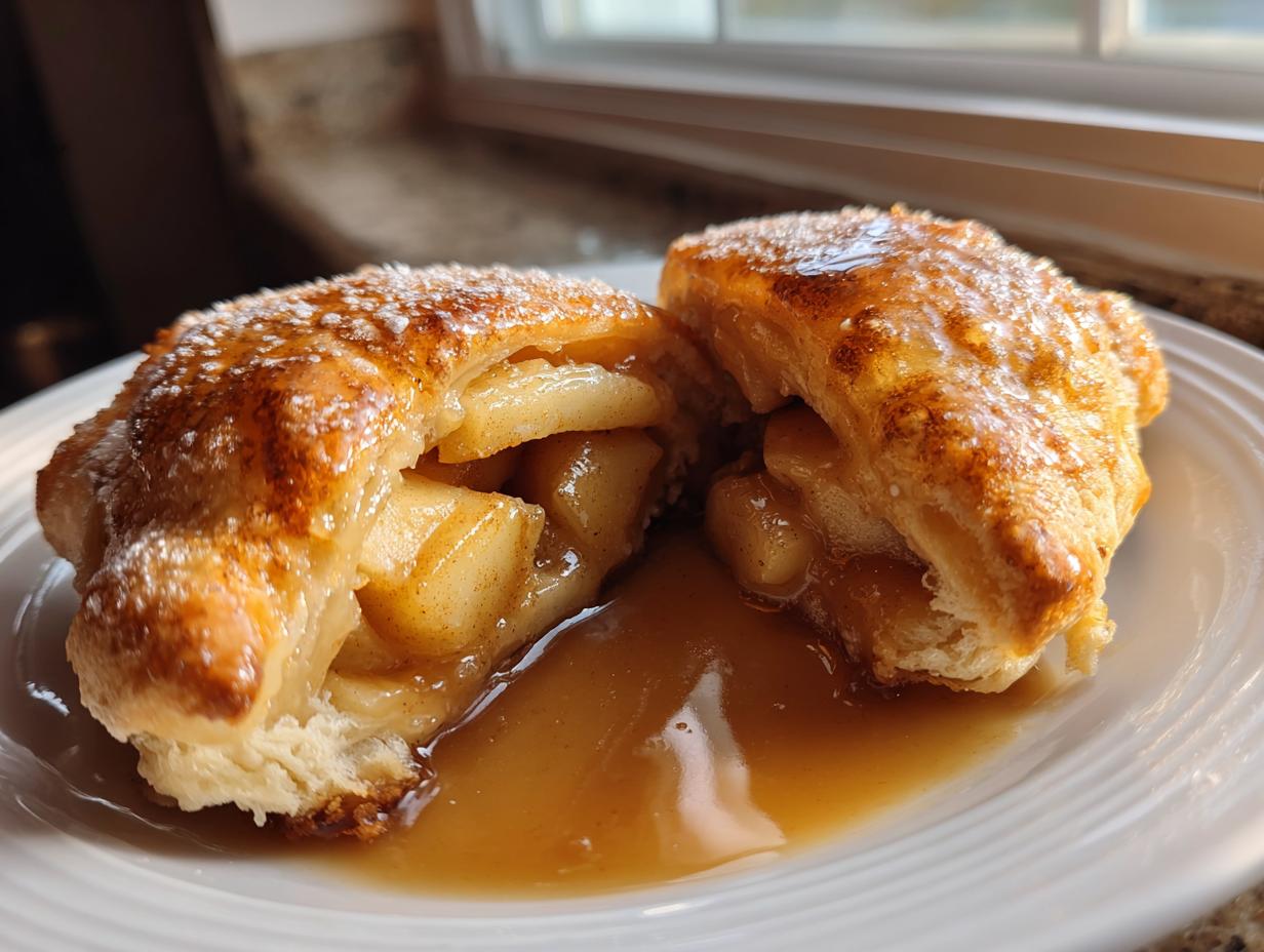 A baked apple dumpling cut in half, showing warm cinnamon apples and rich caramel sauce pooling on a white plate.