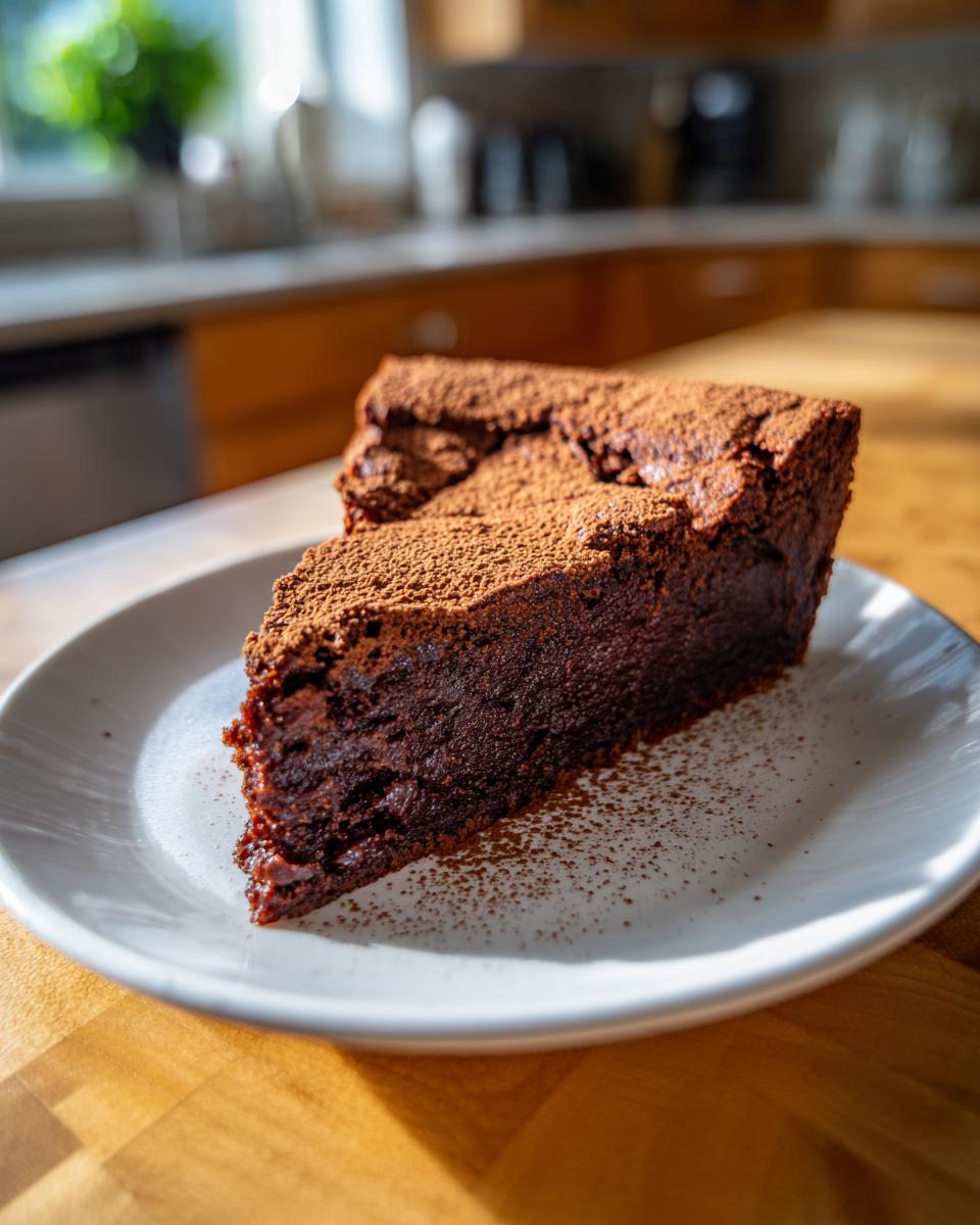 A decadent slice of flourless chocolate torte dusted heavily with cocoa powder, served on a white plate.