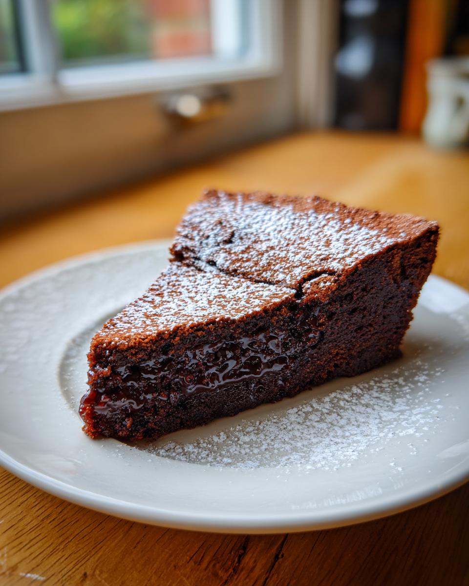 A decadent slice of flourless chocolate torte dusted with powdered sugar, showing a moist, gooey center.