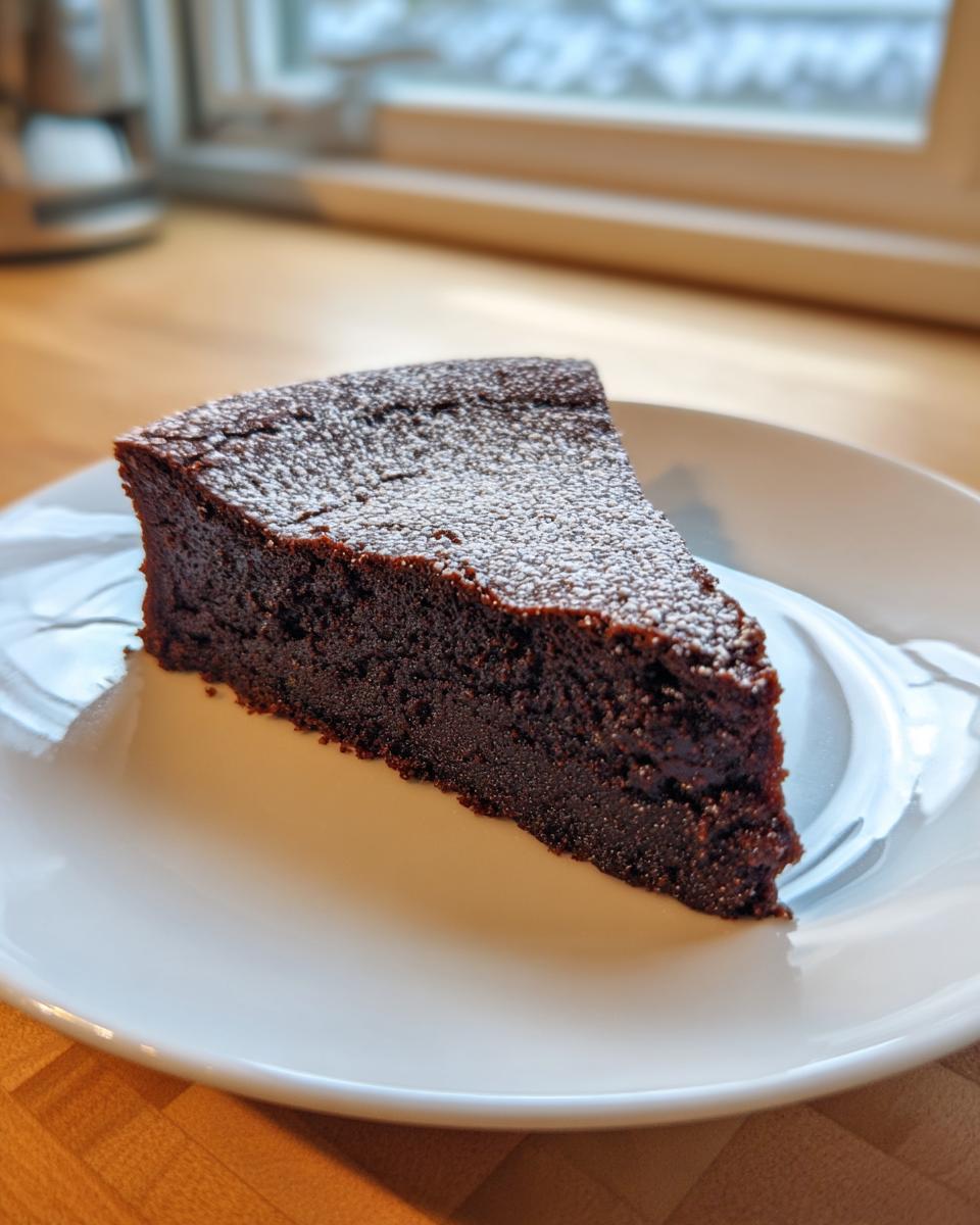 A single slice of dense, dark flourless chocolate torte dusted lightly with powdered sugar on a white plate.