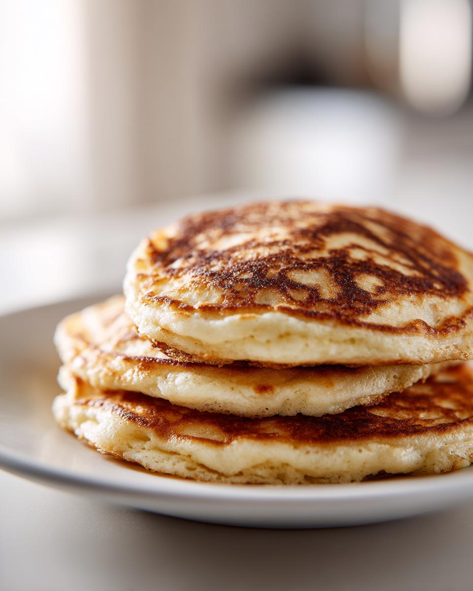 Close-up of a stack of three fluffy pancakes with golden brown, slightly caramelized tops.