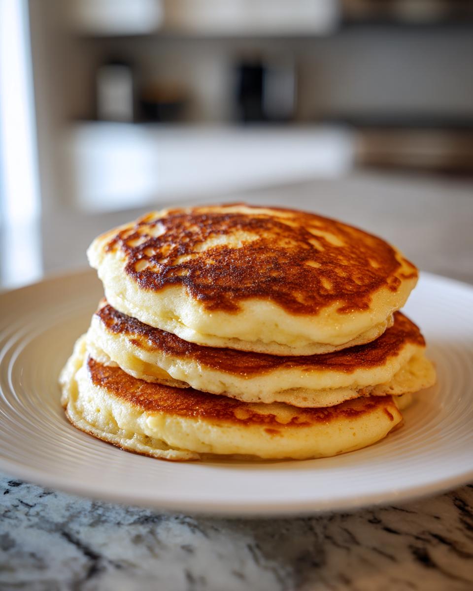 A close-up of three fluffy pancakes stacked on a white plate, perfectly golden brown.