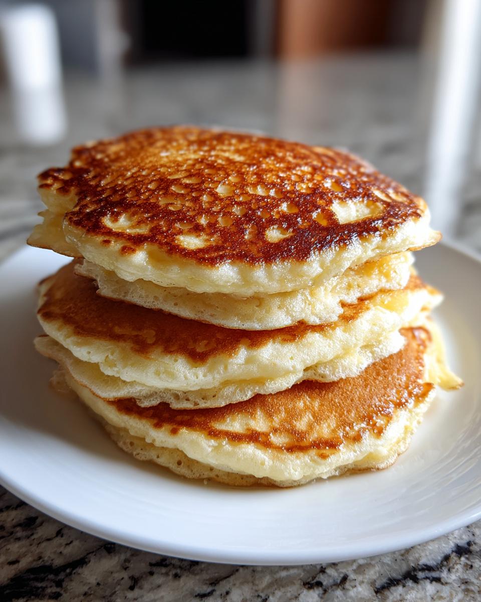 A close-up vertical stack of four fluffy pancakes with golden brown, bubbly tops served on a white plate.