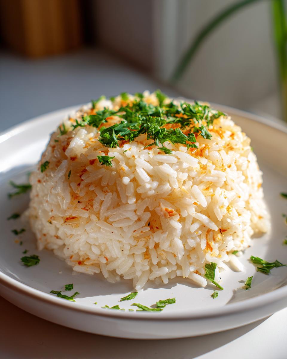 A perfectly molded mound of fluffy white rice pilaf topped with fresh green parsley.