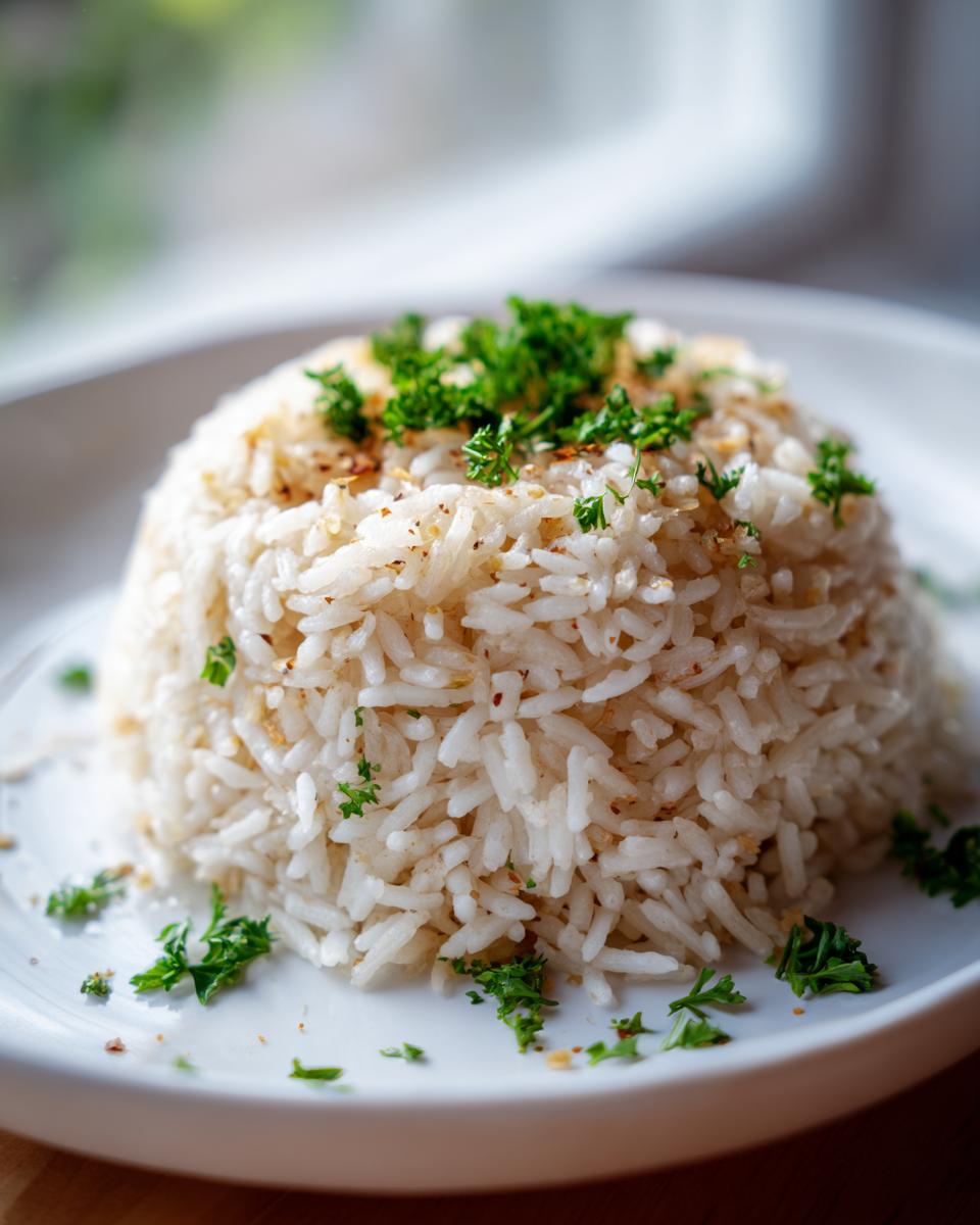 A perfectly molded mound of fluffy white rice pilaf garnished with fresh chopped parsley on a white plate.