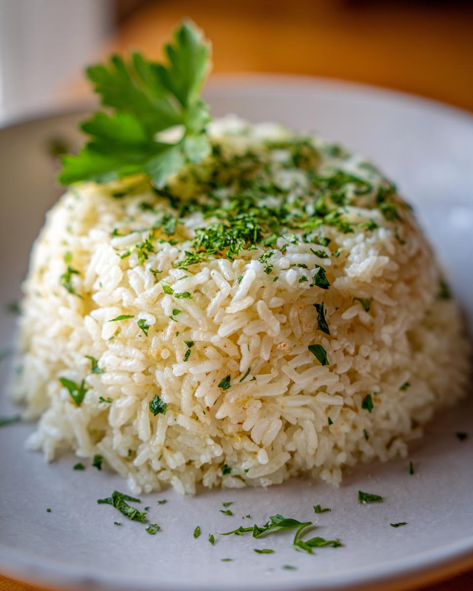 A perfectly molded mound of fluffy white rice pilaf garnished with chopped parsley and a sprig of fresh parsley.