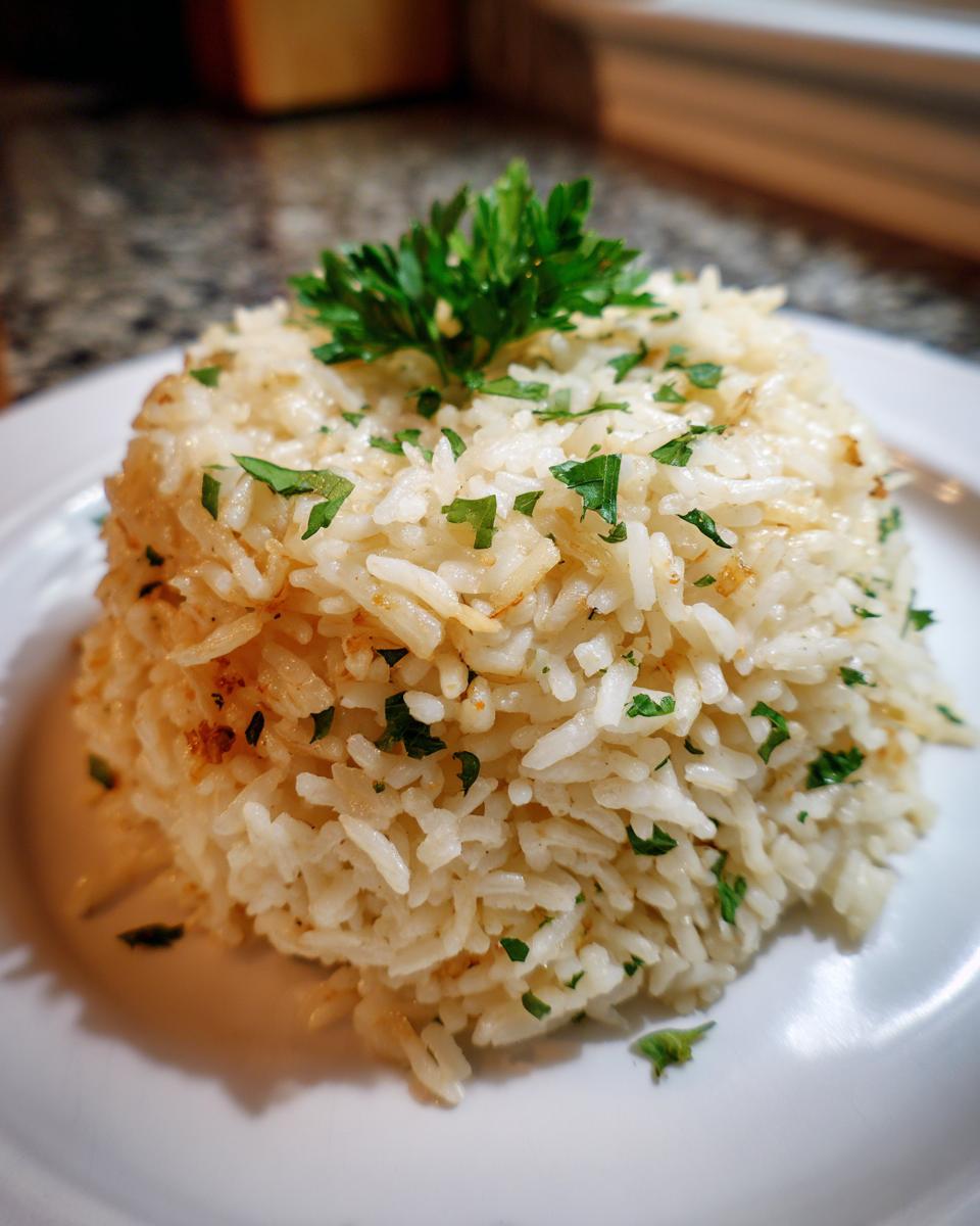 A perfectly molded mound of fluffy rice pilaf garnished with fresh chopped parsley on a white plate.