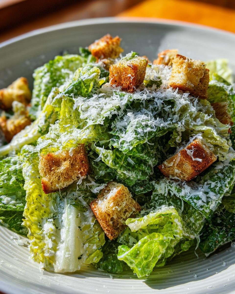 A close-up view of a fresh caesar salad tossed in creamy dressing, topped with golden croutons and grated Parmesan cheese.