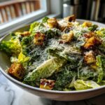 A close-up of a bowl filled with fresh caesar salad, tossed in dressing, topped with crunchy croutons and grated parmesan.