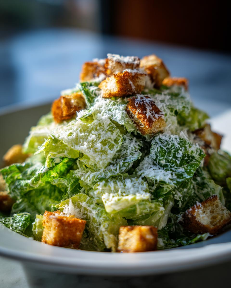 A vibrant close-up of a perfectly dressed caesar salad piled high with crisp romaine lettuce, golden croutons, and grated Parmesan cheese.