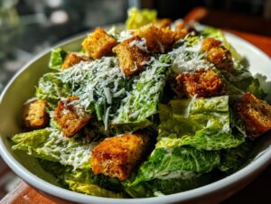 Close-up of a vibrant caesar salad featuring crisp romaine lettuce tossed in creamy dressing, topped with golden croutons and grated Parmesan cheese.