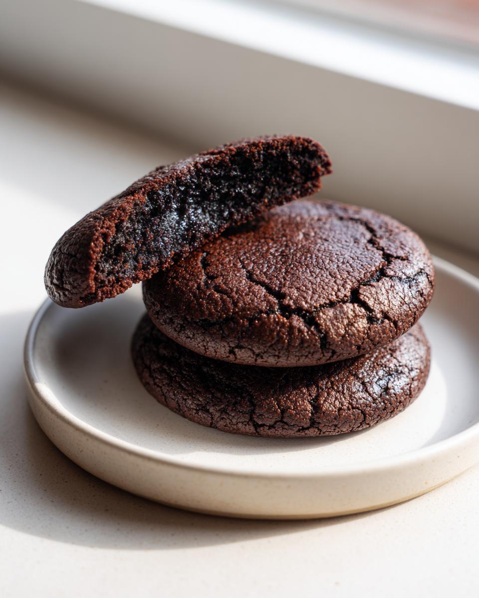 A stack of three fudgy chocolate brownie cookies, with the top one broken in half to show the moist, dark interior.