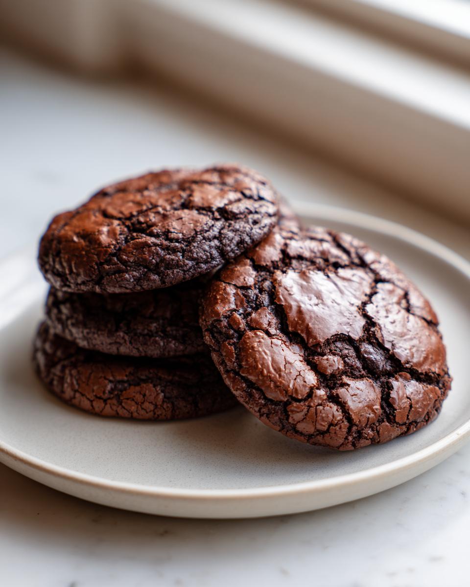 A stack of four rich, dark chocolate brownie cookies with cracked, shiny tops, sitting on a light plate.